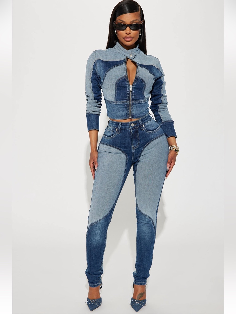 Fashion Nova Two Tone Denim Jean Moto 2 Piece Jacket & Jean Set